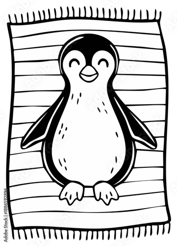 Happy cartoon penguin relaxing on striped blanket black and white illustration