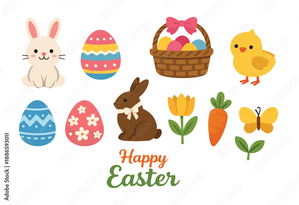 Fototapeta premium Cute Easter Icons with Bunny, Eggs, and Chick