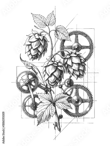 combining hops plant with interlocking mechanical gears in a unique steampunk botanical concept sketch engraving generative ai vector illustration. Scratch board imitation. Black and white image.