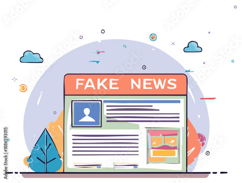 Illustrated news page with 'Fake News' headline