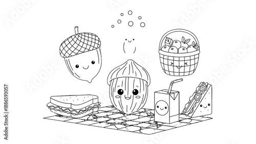 Cute picnic elements: A charming picnic scene illustrated, featuring an assortment of adorable food items with cute faces, perfect for children’s designs. 
