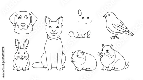  Line Art of Pets: A collection of various pets, including dogs, cats, birds, and other adorable animals, presented in a clean line art style. 