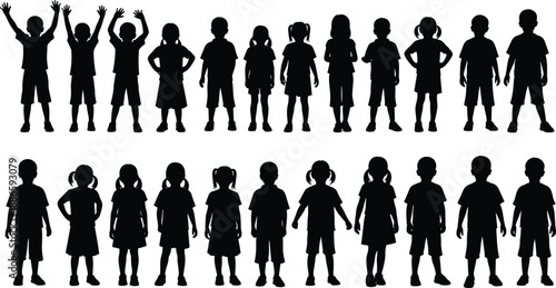 Group of children silhouettes in black and white illustration showing boys and girls standing in different poses, childhood diversity and playful character collection for design