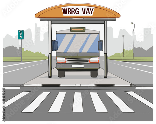 Bus waiting at a modern city transit stop with a crosswalk in the foreground