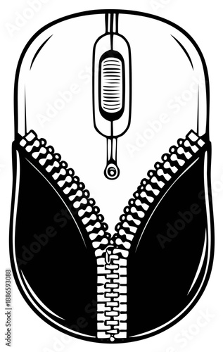 Computer Mouse with Unzipped Cover Graphic Black and White Icon Illustration