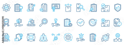 Quality Control Icon Set. Contains Icons That Are Relevant For Business. Designed In Vector Outline Color Style