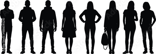 Group of diverse people silhouettes standing together black white human figures crowd lineup illustration for teamwork identity society and modern graphic design