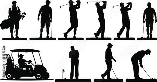 Golf player silhouettes set in black and white illustration showing golfer swinging, putting and riding golf cart, sports activity collection for modern graphic design