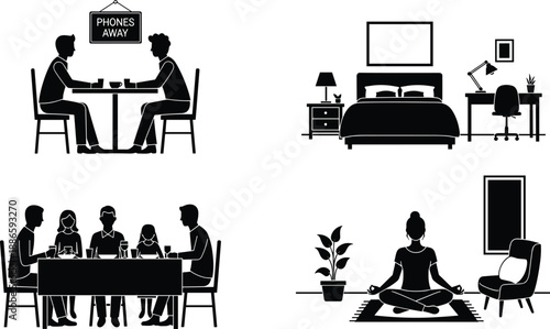 Home and lifestyle silhouette scenes showing dining, family meals, bedroom interior, work desk, and meditation, black vector illustration for daily routine, wellness, and domestic life concepts