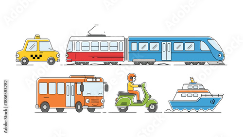 Collection of Transportation Elements: A dynamic and colorful illustration showcases a variety of transport vehicles, providing essential conveyance on land and water.