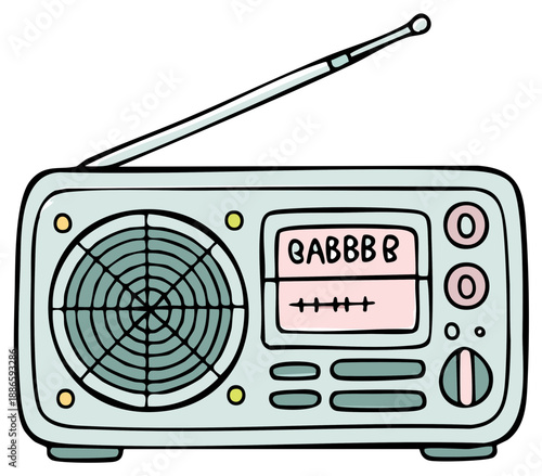 Hand drawn cartoon illustration of a cute retro portable radio receiver
