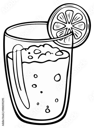 Cartoon drawing of a glass of beverage with a lemon slice