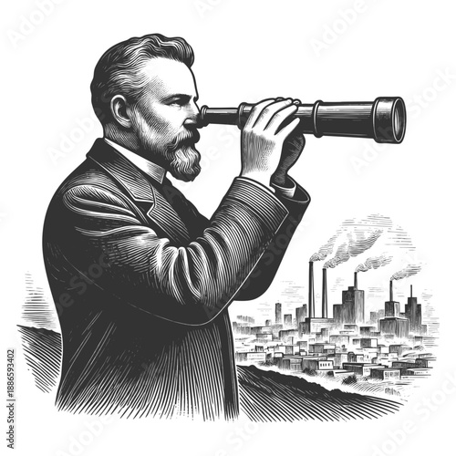 serious Victorian-era businessman using a telescope to observe an industrial city skyline sketch engraving generative ai fictional character vector illustration. Scratch board. Black and white image.