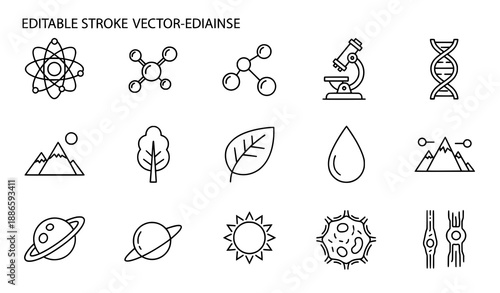 Natural science vector line icons set with editable stroke isolated on white