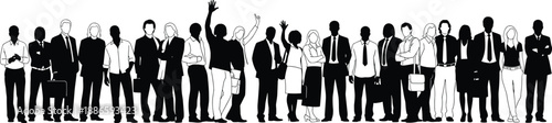 Large group of business people silhouettes standing together isolated on white background, corporate crowd concept showing teamwork, leadership, diversity, and professional community