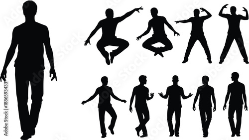 Male silhouettes in different walking, jumping and posing actions isolated on white background representing movement, lifestyle, body language and human activity concept