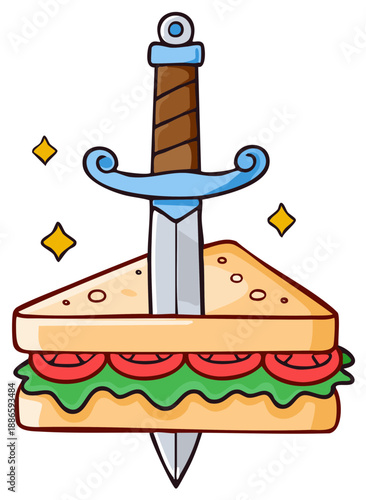 Triangle sandwich with sword stuck through it and sparkling stars