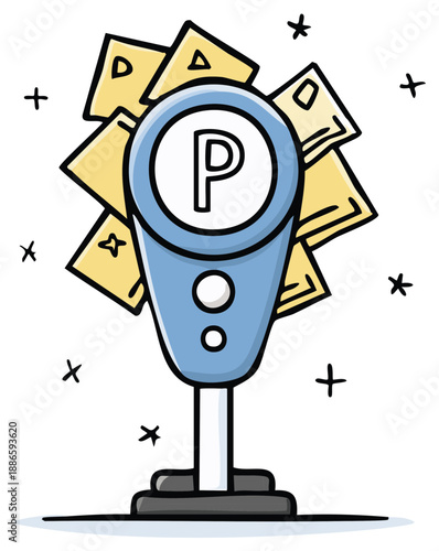 Parking meter dispensing parking tickets with hand drawn doodles and stars