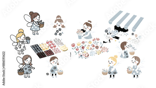 Blooming Market Illustration: An artistic illustration of a charming flower market, alive with whimsical figures, featuring stalls overflowing with a vibrant array of floral arrangements.