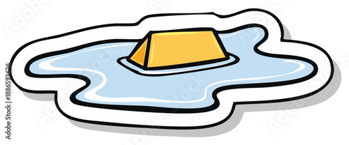 Cartoon yellow pudding or flan floating on blue syrup with black and white borders, dessert drawing