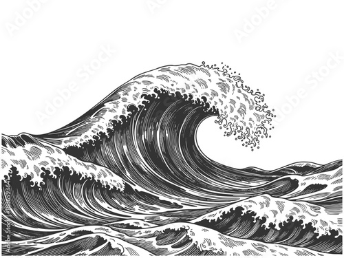 powerful stormy ocean waves, ideal for nautical, marine, or retro-themed design projects sketch engraving generative ai vector illustration. Scratch board imitation. Black and white image.