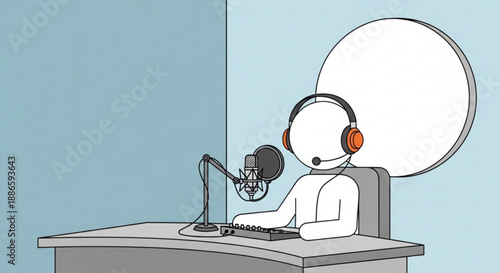 Illustration of a person wearing headphones and recording audio at a desk with a microphone and computer