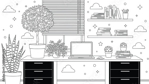 Modern home office workspace illustration featuring desk, laptop, bookshelves, and indoor plants, black line art vector design for remote work, productivity, and interior decor concepts