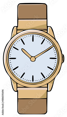 Classic golden wristwatch. Cartoon style watches with light blue face and brown straps. Telling time with clock and timepieces.