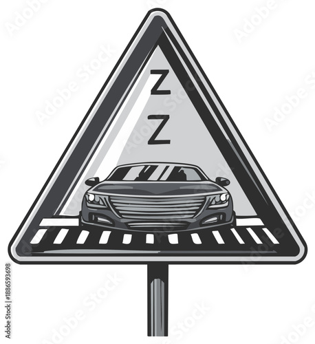 Drowsy driving vector sign with modern car alert driver fatigue hazard road safety illustration
