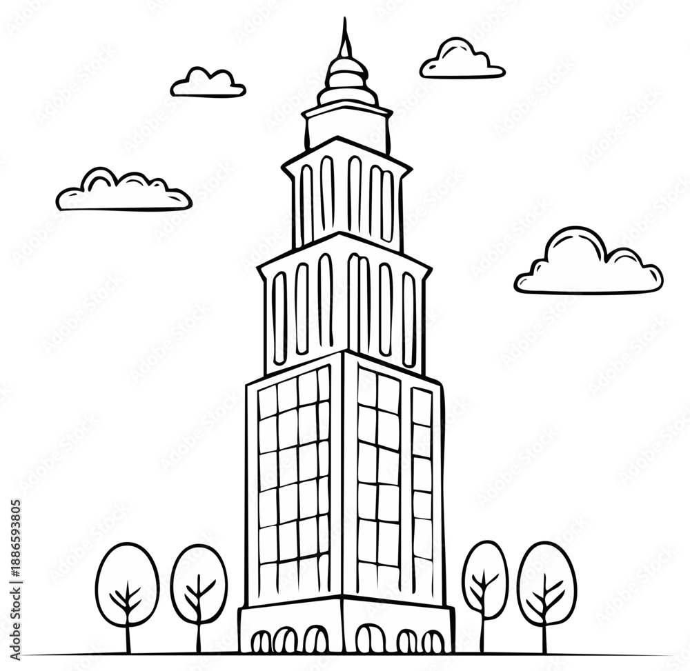 Fototapeta premium Illustrated towering high rise building with trees and fluffy clouds, black line art