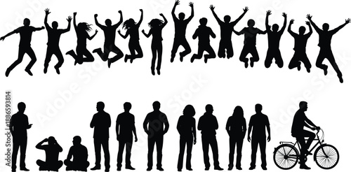 People silhouette collection showing jumping, standing, sitting, and cycling human figures, black vector illustration set for lifestyle, activity, diversity, and social concept designs