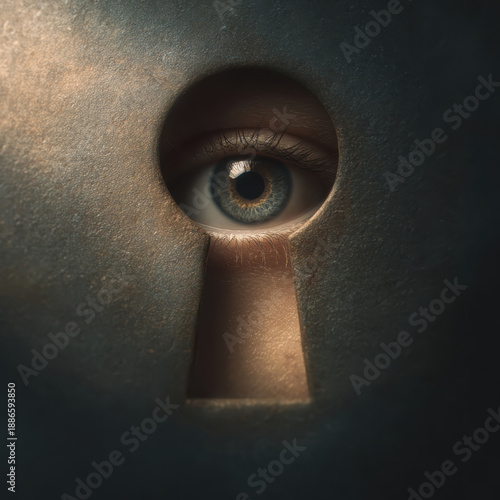 realistic human eye peers through an old-fashioned keyhole, evoking a sense of mystery, curiosity, and the feeling of being watched or uncovering a secret