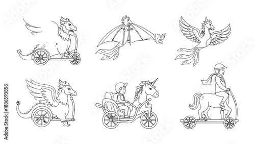 Whimsical Line Art: Enchanting Illustrations of Mythical Creatures and Transportation Vehicles in Motion. 