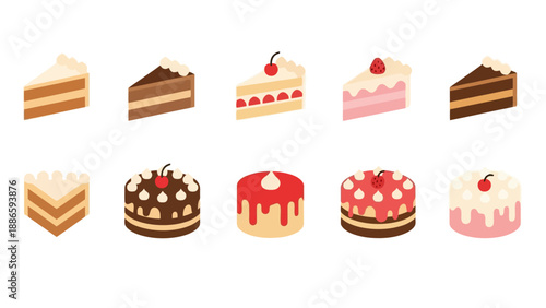 Assorted cake slices and whole cakes with various toppings and decorations on display