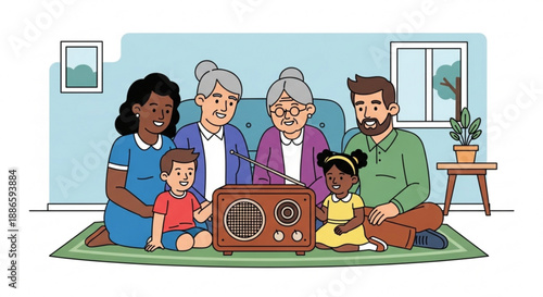Multigenerational family gathered around vintage radio on green rug in living room
