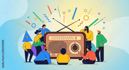 People gathered around vintage radio with colorful signals emitting