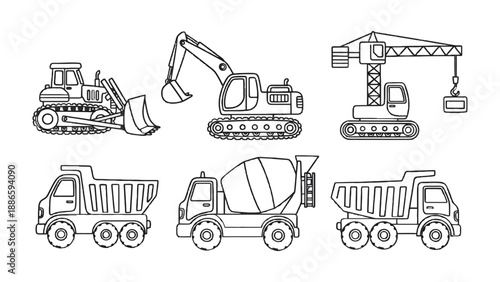 Construction Vehicles Lineup: A detailed black and white illustration of essential construction vehicles, artfully arranged to showcase their unique roles and capabilities in the building process.