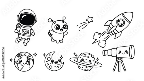 Cosmic Cartoon Collection: A delightful collection of cartoon space elements including an astronaut, an alien, a shooting star, a rocket ship, the earth, the moon, a planet and a telescope.
