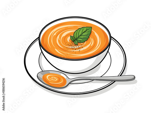 A vibrant vector illustration featuring a bowl of creamy, swirled pumpkin soup garnished with fresh mint and cracked pepper, served on a saucer with a silver spoon