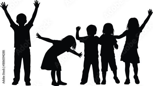 Silhouette of happy children raising hands and playing together isolated on white background, childhood concept showing joy, friendship, energy, and imagination