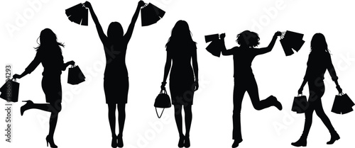 Shopping women silhouettes set showing happy female buyers holding bags fashion retail sale concept black white illustration for ecommerce marketing and lifestyle design