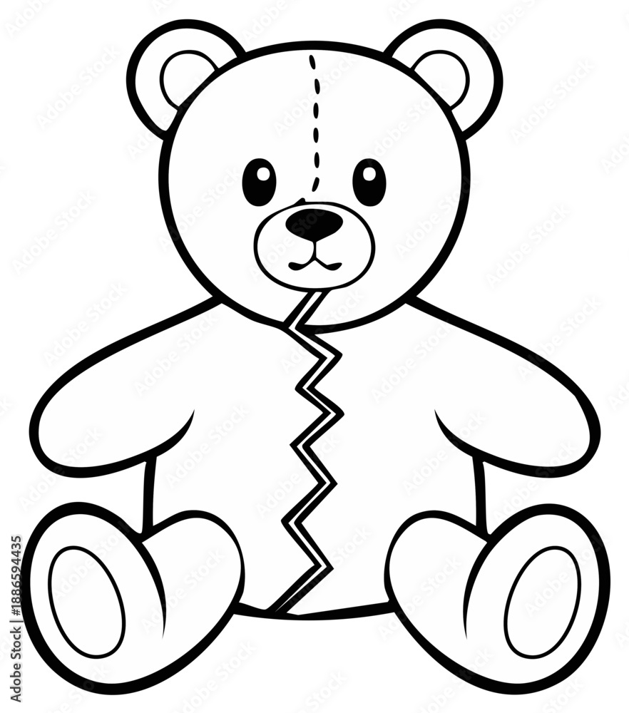 Fototapeta premium Simple line drawing of a teddy bear with a stitched seam down its front