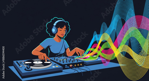 Woman dj mixing music with colorful sound waves on turntable and controller