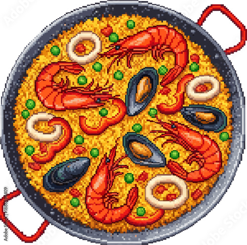 Pixel Art Delicious Seafood Paella with Shrimp, Mussels, and Calamari Rings, a Vibrant and Tasty Spanish Dish