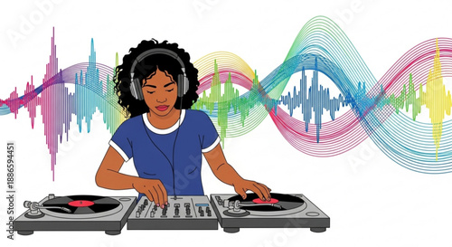 Woman dj mixing music on turntables with colorful sound waves background