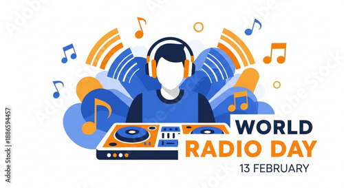 World radio day celebration illustration with dj mixing music on february 13th
