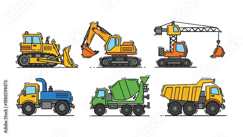 Construction Equipment Array: A vibrant illustration showcasing an array of essential construction equipment, perfect for highlighting construction and infrastructure.