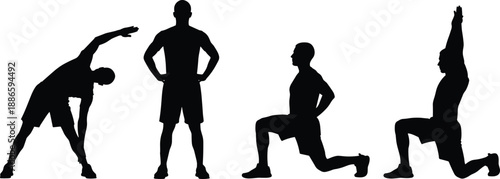 Silhouette sequence of man performing stretching and workout exercises isolated on white background, fitness training concept showing flexibility, strength, balance, and motivation
