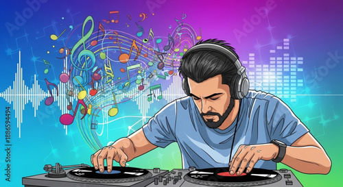 Dj mixing music on turntables with colorful musical notes background