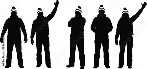 Silhouettes of winter people wearing beanie hats in different poses isolated on white background, human gestures concept for communication, fashion, lifestyle, and design